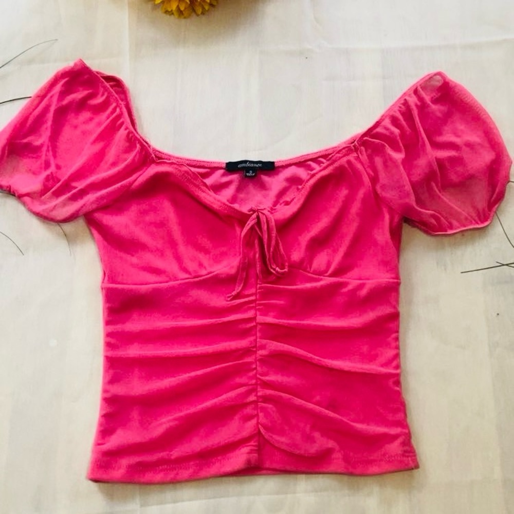 Ambiance Pink Puff Sleeve Ruched Blouse